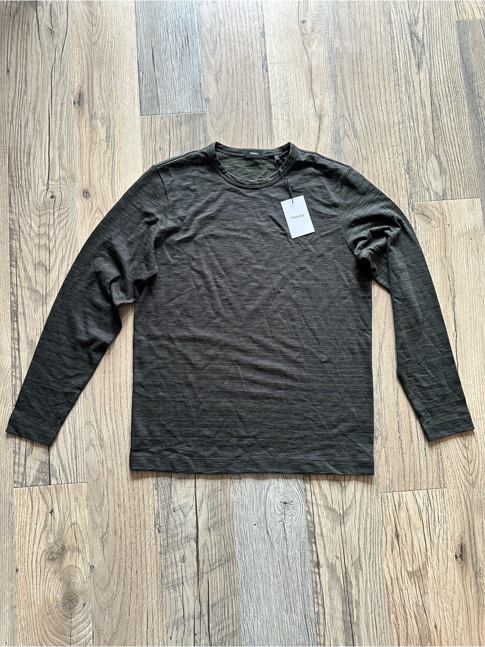 NWT Theory Men's Long-Sleeve Crewneck Shirt Olive Green Grove Lounge Slub